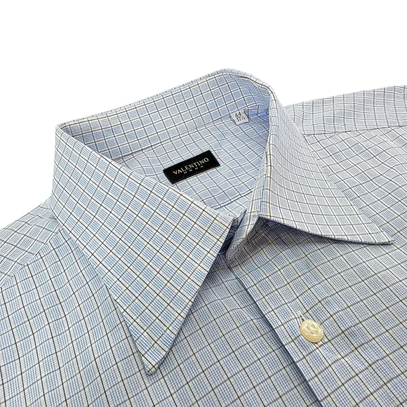 Quiet Luxury Valentino Roma Dress Shirt Men 17.5 Blue Check Italian - Picture 8 of 14